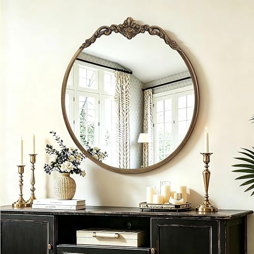 Traditional Round Wall Mirror, 19x18 Inch, Circle Brushed Black Antique Mirror - Image 2