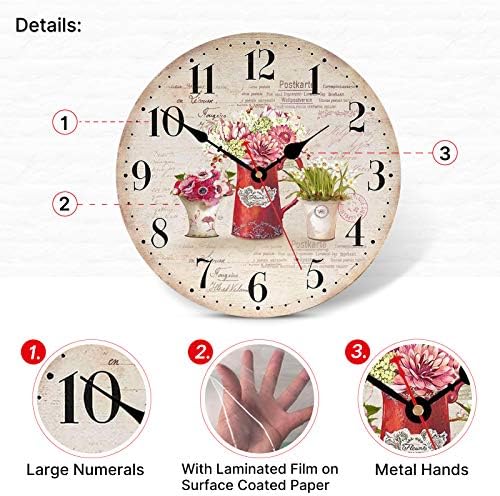 TAHEAT 14 Inch Colorful Flowers Wall Clock, Wooden Rustic Country Clocks - Image 3