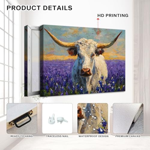 Purple Lavender Wall Art Highland Cow Wall Decor Abstract Nature Texas Longhorn - Image 3
