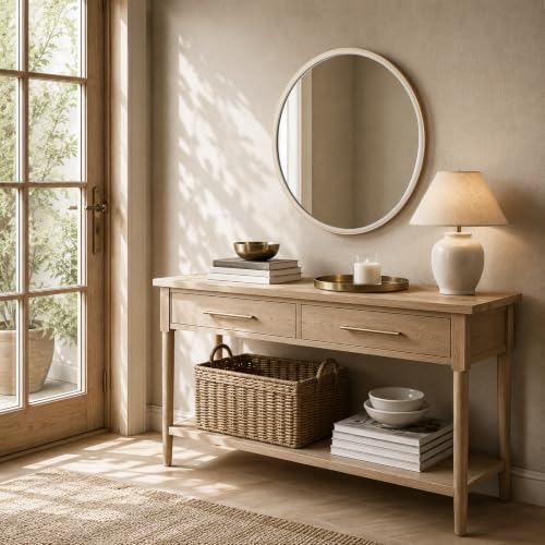 WallBeyond Round Mirror 32 Inch, Linen-Texture Circle Wall Mirror - Image 4
