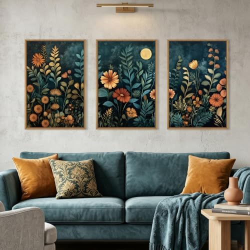 Moody Blue Floral Botanical Framed Canvas Wall Art Set-24"x36"x3 by Celestdeco