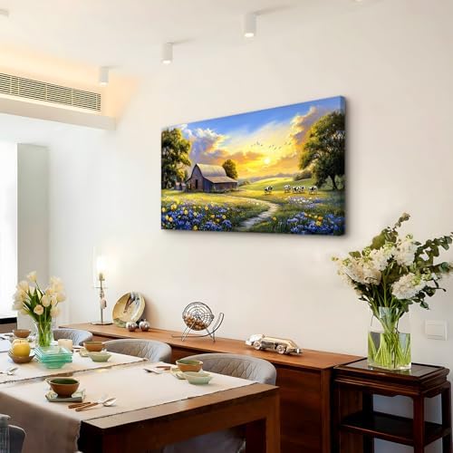 crmotu Rustic Farmhouse Wall Art, Farm Cow Sunset Paintings 20X40 In - Image 4