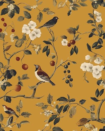 Laatse Vintage Yellow Floral Bird Wallpaper Peel and Stick 17.5"x118" by Laatse