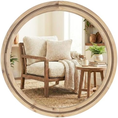 Solid Wood 30 Inch Round Beaded Vanity Wall Mirror, Natural Wood by Pocetry