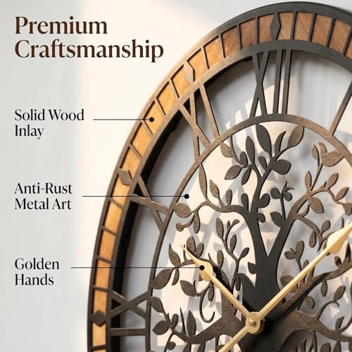 15 Inch Tree of Life Wall Clock, Silent Farmhouse Wood and Metal Decor - Image 6