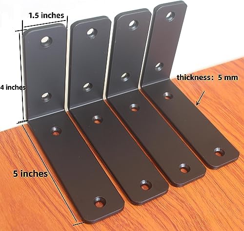 12 Pack - L 5" x H 4" x W1.5, 5mm Thick Black L Shelf Bracket, Iron Shelf - Image 2