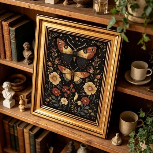 IMNTSD Framed Vintage Moth Floral Wall Art, Dark Background Botanical Butterfly - Image 5
