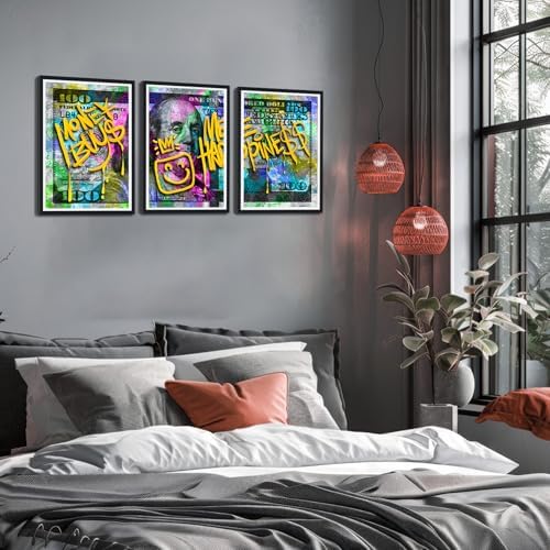 Black Framed Canvas Wall Art 100 Dollar Money Buy Me Happiness Painting 3 Panels - Image 4