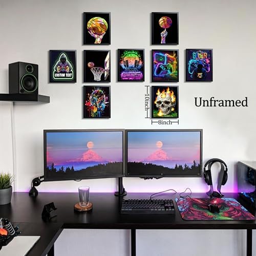 Neon Gamer and Basketball Wall Art Set of 9, Cool Gaming Headset Skull - Image 4