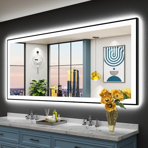 72x32 Black LED Bathroom Mirror, Backlit & Front Lit Lighted Mirror by Awandee