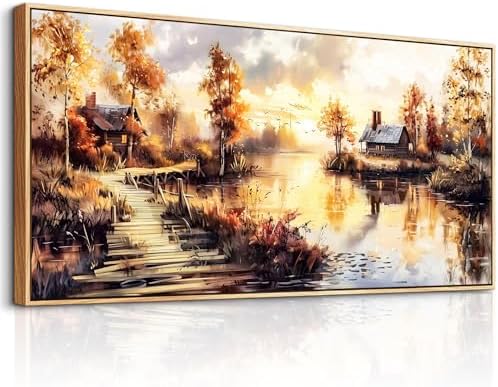 Large Framed Rustic Wall Decor Farmhouse Riverside Scenery Painting 30"X60" - Image 2