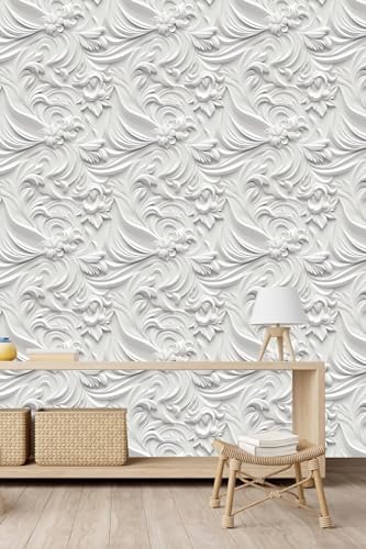 Peel and Stick Wallpaper White Gray Scroll Floral Accent by WEISENI