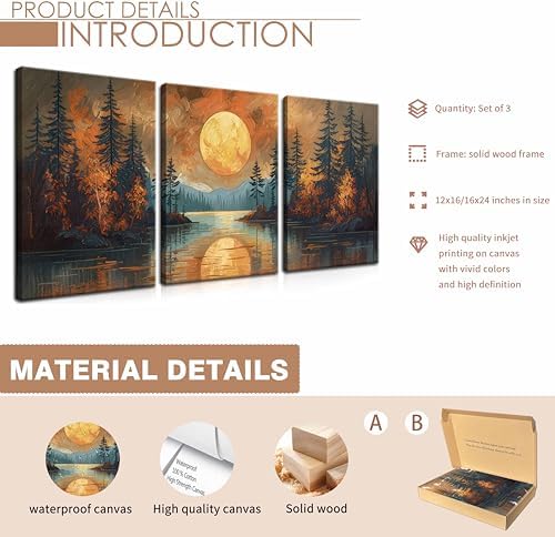 Framed Gold Mountain Forest Sunset Landscape Wall Art Set of 3, Abstract Boho - Image 3