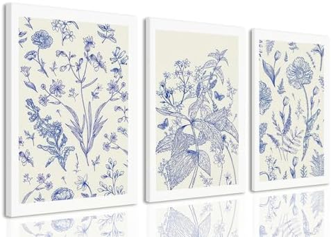 LYPHNX Framed Blue White Chinoiserie Floral Canvas Wall Art Navy Watercolor by Unknown