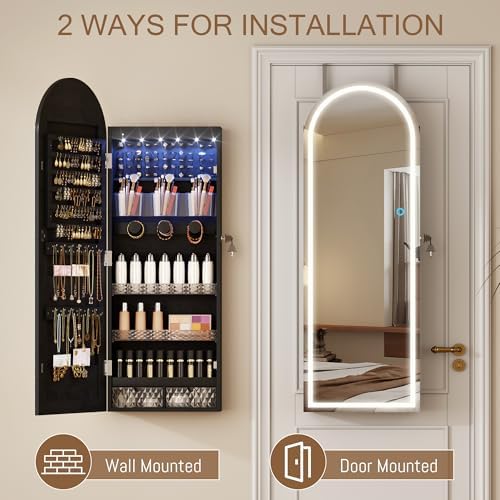 LVSOMT Arched Lighted Mirror Jewelry Cabinet, Wall/Door Mount Jewelry Armoire - Image 6