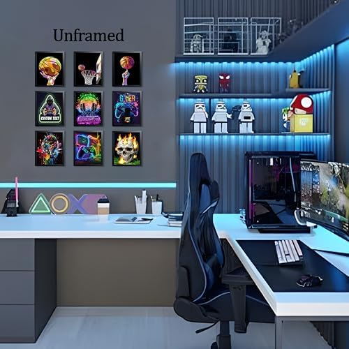 Neon Gamer and Basketball Wall Art Set of 9, Cool Gaming Headset Skull - Image 5