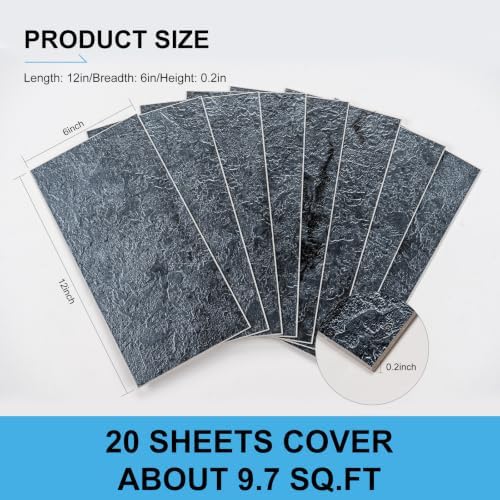 6" x 12" Midnight Black Slate Peel and Stick Backsplash Wall Tiles, PVC Faux - Image 3