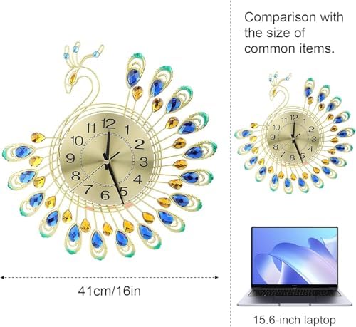 TeamSky 14.6" 3D Crystal Peacock Wall Clock, Silent Metal Decorative Clock - Image 2