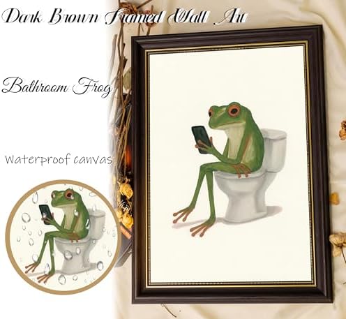 Dark Brown Framed, Funny Frog Wall Art-Whimsical Frog on Toilet - Image 3