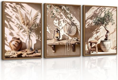 3pcs Wabi Sabi Boho Olive Tree Pampas Grass Framed Canvas Wall Art by WENGTIAO