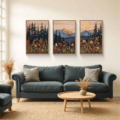 HOURIA Mid Century Woodland Mountain Framed Canvas Wall Art Set-24"x36"x3 - Image 2