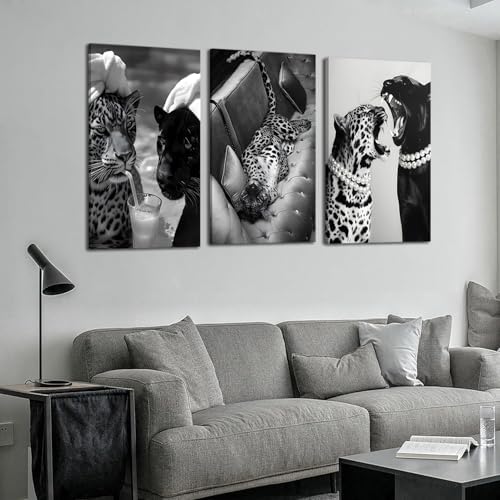 Black and White Cheetah Canvas Wall Art Fashion Cheetah Drinking Cocktail - Image 3