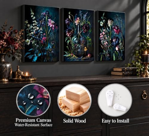 hijyord 3 Pcs Dark Academia Floral Canvas Wall Art 16x24in - Image 3
