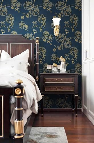Safiyya 590"x17.3" Peel and Stick Wallpaper Gold and Blue Contact Paper Floral - Image 2