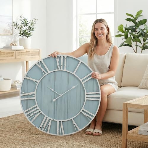 EMAX HOME Large Farmhouse Wall Clock 30 Inch Vintage Blue Wooden Wall Clock by EMAXHOME