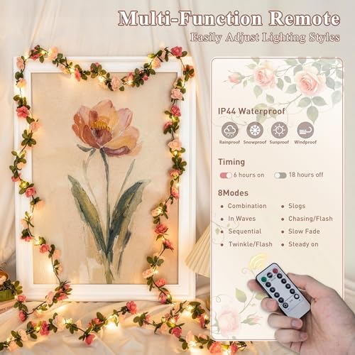 JMEXSUSS Rose Pink Flower Lights, 48 LED 15.75 FT, Warm White - Image 4
