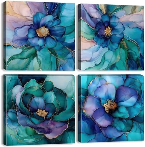BL BORLINART Teal Blue and Gold Flower Wall Art Modern Wall Decor Abstract by BLBORLINART