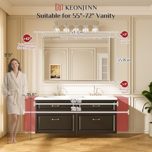 Keonjinn 55" x 36" Brushed Nickel Bathroom Vanity Mirror, HD Tempered Glass - Image 2