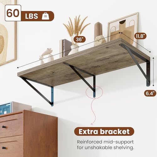 Deep Wall Shelves 36"W x 12"D Engineered Wood Floating Shelves - Image 3
