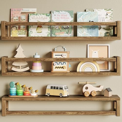 3 Pack 24 Inch Nursery Book Shelves, Solid Wood Floatingshelf, Walnut Brown by Makestorageclosetolife