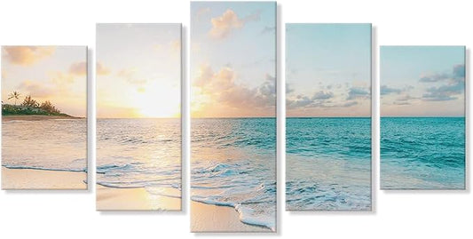 Goldfoilart 5 Pieces Beach Sunset Canvas Wall Art Blue Sea Prints Romantic by Goldfoilart