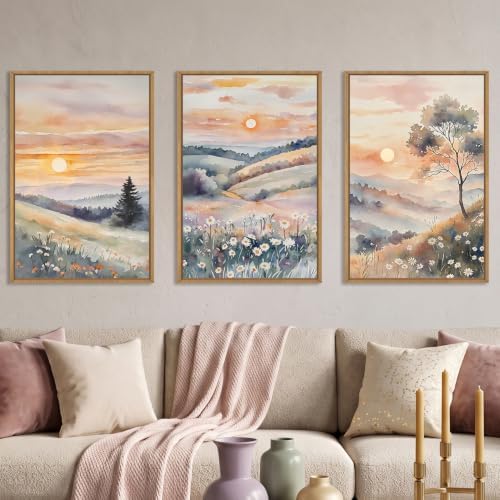 Large Boho Sunset Framed Canvas Wall Art Set -16"x24"x3 by Ausril