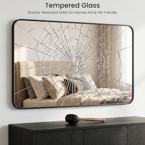 30x48 Inch Matte Black Rounded Rectangle Bathroom Vanity Mirror - Image 6