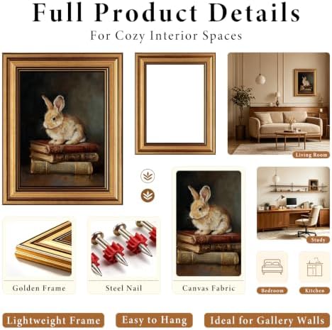 IMNTSD Framed Vintage Rabbit Wall Art, Bunny on Antique Stacked Books Still - Image 3