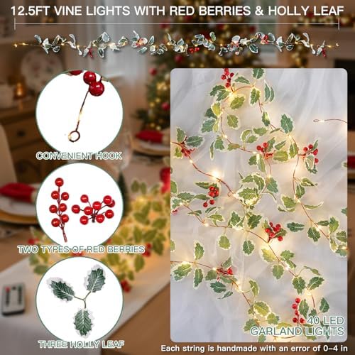 suddus String Light with Red Berries&Holly Leaf Battery Powered Copper Wire - Image 3