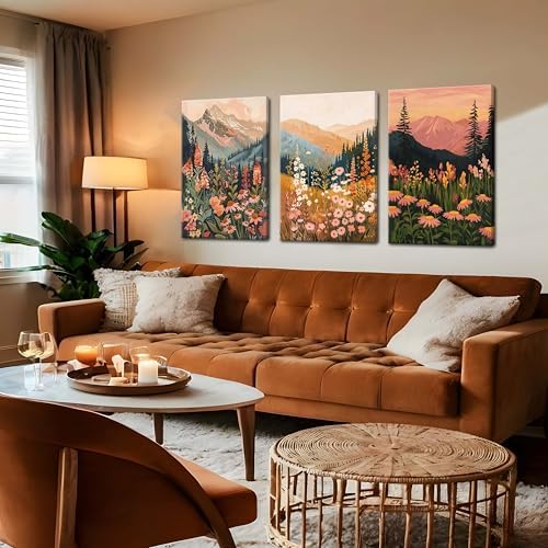 Framed Wildflower Mountain Landscape Wall Art Set of 3, Colorful Floral Wall - Image 2