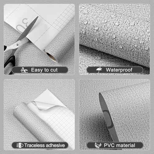 Peel and Stick Grasscloth Wallpaper Texture Light Grey Faux Linen Contact Paper - Image 2