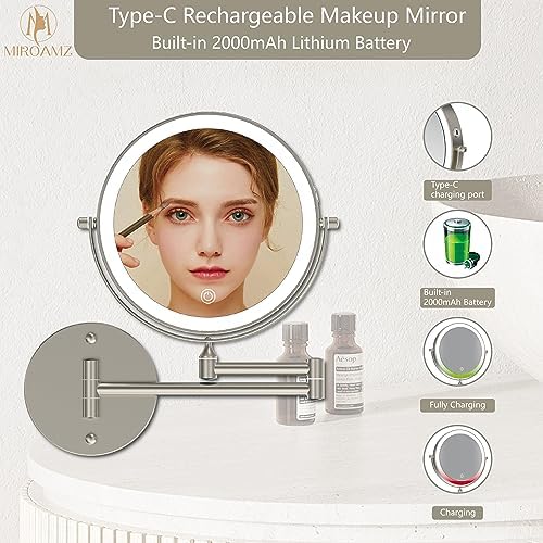 8" Wall Mounted Lighted Makeup Mirror, Brushed Nickel - Image 5