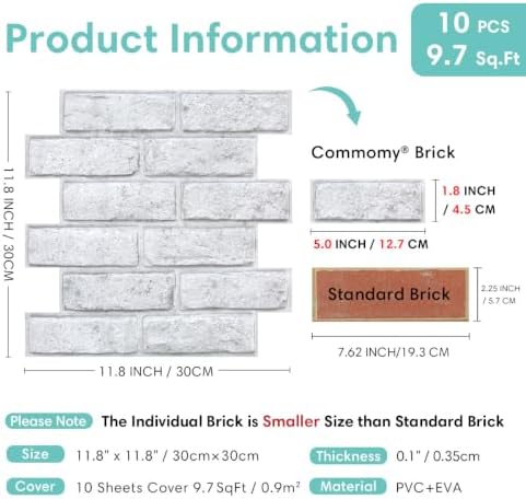 Commomy 3D Faux Brick Wall Panels Grey Spots White 11.8" x 11.8" - Image 4