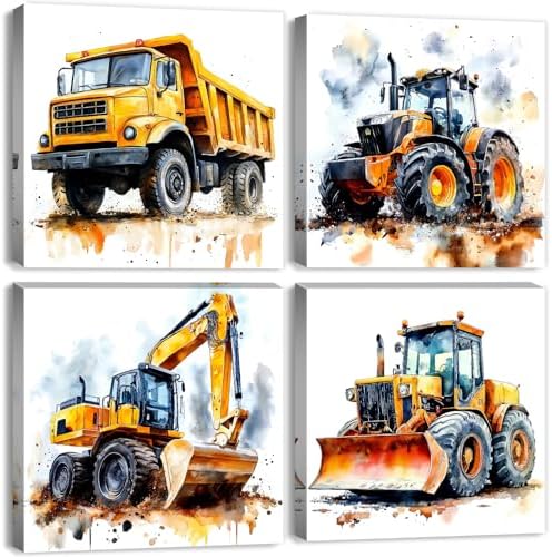 Cartoon Vehicles Canvas Wall Art Construction Room Decor by YOOOAHU