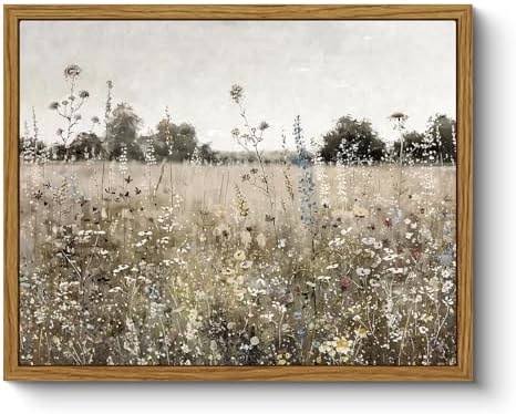 ARPEOTCY Vintage Framed Canvas Wall Art, Classical Wildflowers Field Sky by ARPEOTCY
