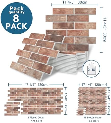 8-Pack 3D Faux Brick Acoustic Wall Panels, 11.8" x 11.8" Peel and Stick PET - Image 2