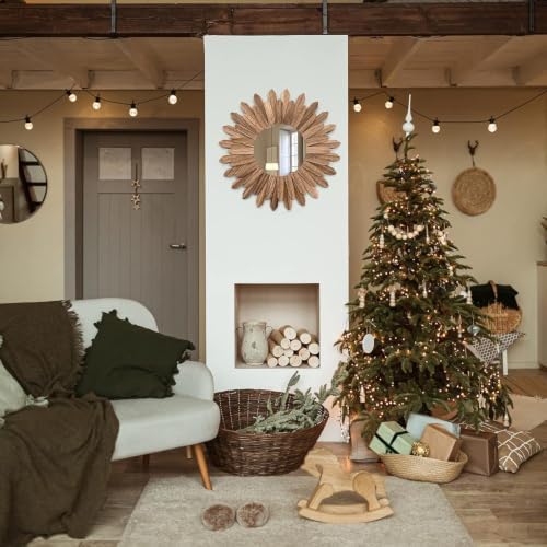 Honiway Boho Wall Decor 18 inch Rustic Wood Sunburst Boho Wall Mirror Farmhouse - Image 4