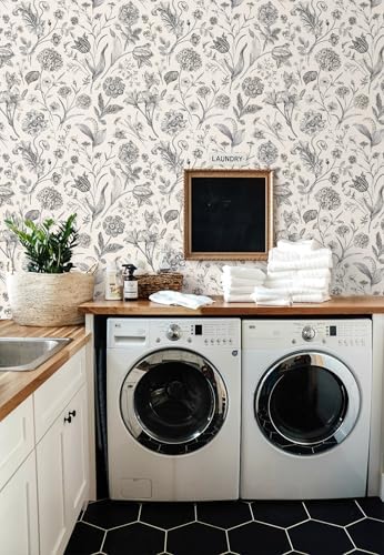 Beige and Black Floral Peel and Stick Wallpaper Floral 17in x 393in - Image 2