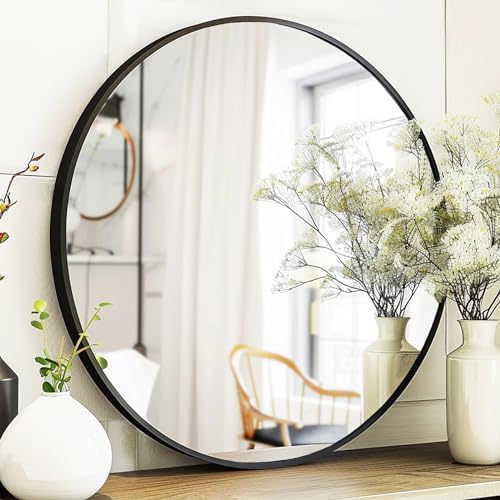 Sunniry Round Mirror 28 inch, Round Black Mirror, Matte Black Metal Frame by Sunniry