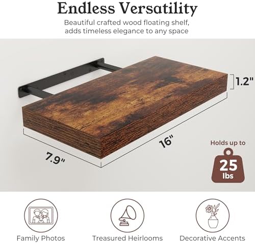 16" Brown Floating Shelves Wood Wall Shelf, Rustic Brown - Image 2